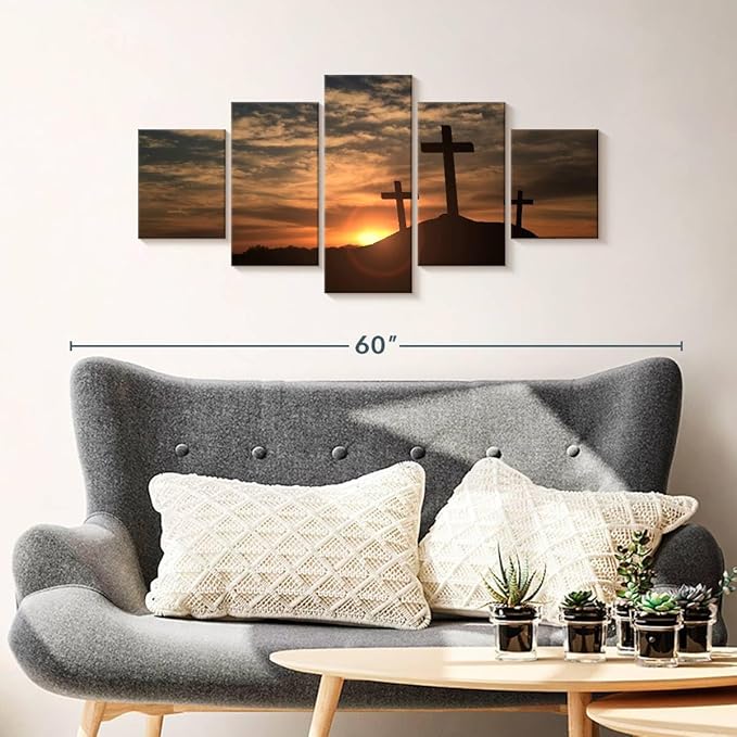Elephant Stock Cross Silhouettes Wall Art Multi Piece Canvas - 5 Panel Christian Pictures Decor - Digital Design Canvas Print - Christian Wall Decor - 42" X 19"