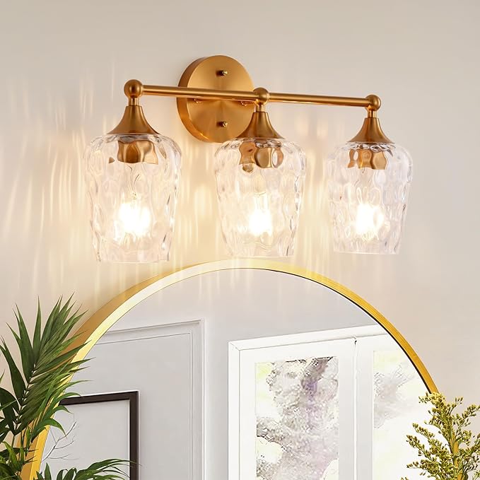 20 inch 3-Light Gold Vanity Light,Modern Wall Sconce with Rippled Glass Lampshade,Bathroom Lighting Fixture Over Mirror for Living Room,Bedroom,Hallway