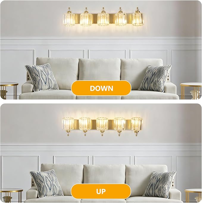 5-Light Modern Vanity Lights Brushed Brass Bathroom Light Fixtures Over Mirror Gold Bathroom Vanity Lighting with Crystal Shade E26 Base Wall Sconce for Bedroom Living Room Restroom Wall Lamp