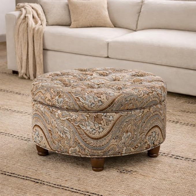 Homepop Home Decor |N8264-F1044 | Large Button Tufted Woven Round Storage Ottoman | Ottoman with Storage for Living Room & Bedroom, Traditional Paisley