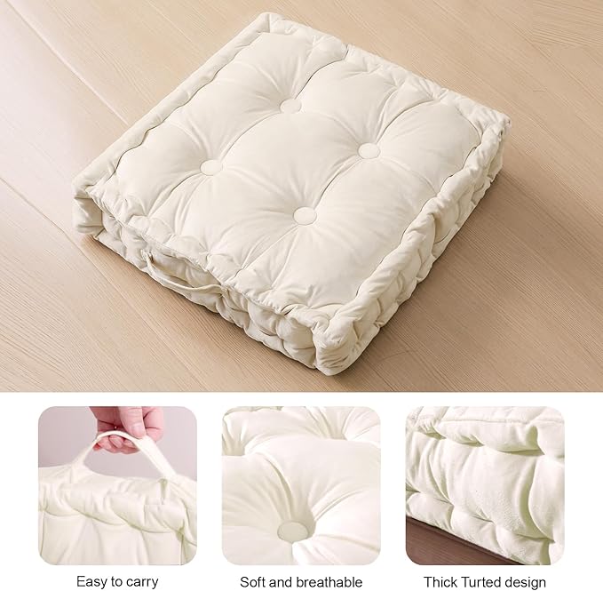 Square Floor Pillows, Large Floor Cushion for Adults Kids, Meditation Floor Pillow Seating Cushion with Shredded Memory Foam and Silk Wadding, 20"x20"x5" Ivory 2 Count