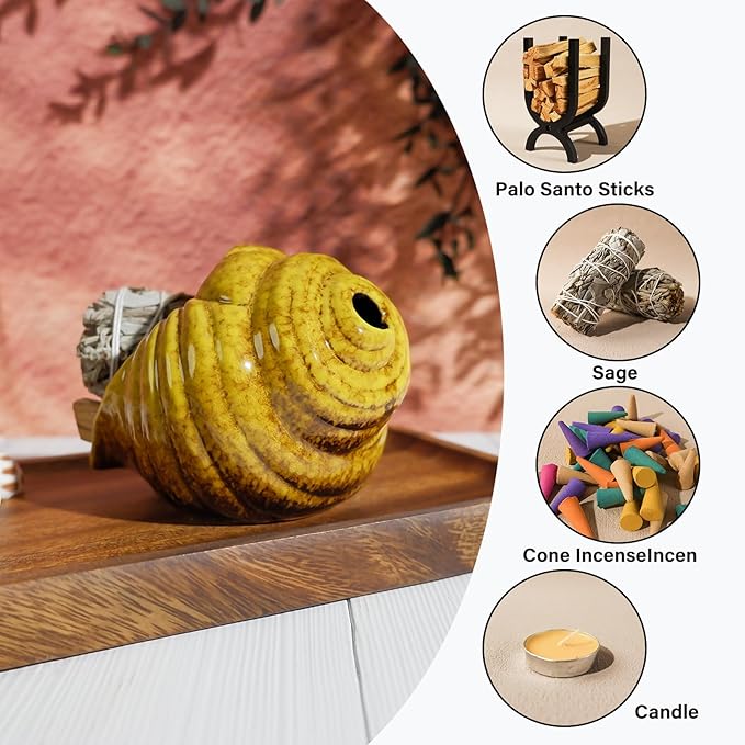 Yellow Ceramic Conch Palo Santo Holder - Mini Chimney Incense Burner, Tabletop Smudge Bowl Compatible with Sage/Sticks/Cones/Copal,for Yoga、Zen Meditation、Witchcraft, Ideal Altar Decor Gift