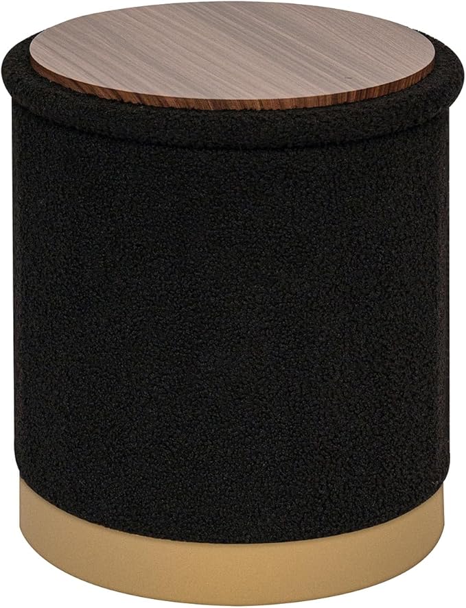 Round Storage Ottoman with Reversible Tray Top, 16.3" Boucle Ottoman Footrest Stool with Metal Base, Upholstered Vanity Stool with Storage for Living Room Bedroom, Black