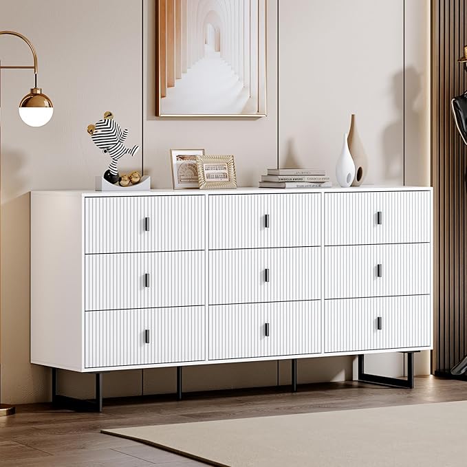 Modern Chest of Drawers with 9 Drawers,Deep Drawers,Clothes Organizer,Large Storage Cabinet for Living Room, Bedroom,Hallway,with Anti-Tipping Device, White