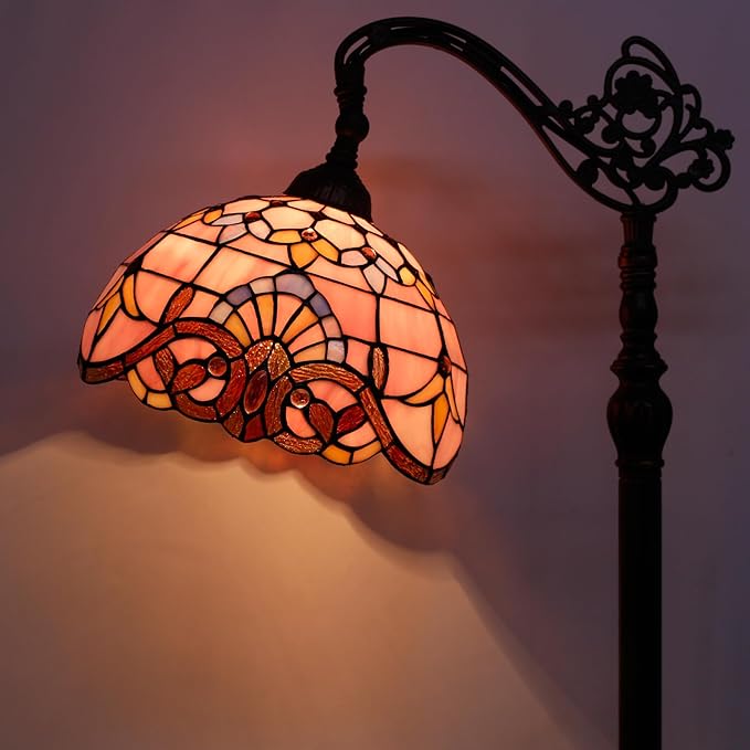 WERFACTORY Tiffany Floor Lamp Pink Baroque Stained Glass Arched Lamp 12X18X64 Inches Gooseneck Adjustable Corner Standing Reading Light Decor Bedroom Living Room S003P Series