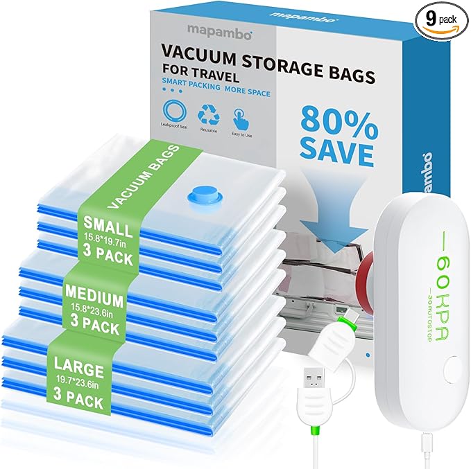 Mapambo 9 Pack Vacuum Storage Bags with USB Pump, Vacuum Seal Bags for Clothing Travel, Space Saver Vacuum Seal Bags for Clothing, Cruise Essentials, Compression Bags for Clothes (9 Combo Size)