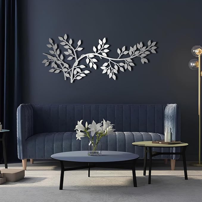 yumcake Metal Tree Leaf Wall Decor, Metal Tree Wall Art, Vine Olive Branch Leaf, Leafy Ivy, Leaves Hanging Wall Art, Branch Wall Decor for Living Room (Silver, 53 x 23 inches / 135 x 58 cm)