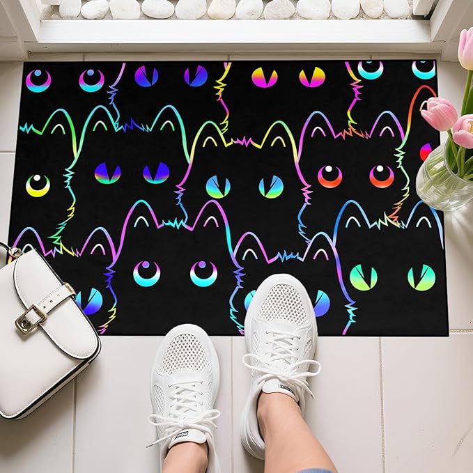 Cat Door Mats 2x3 Feet, Cartoon Cats Rug for Indoor Entryway Absorbent Small Cats Carpet for Paws Entrance Rug, Washable Front Door Cat Mat with Cute Pet Print Welcome Floor Mats