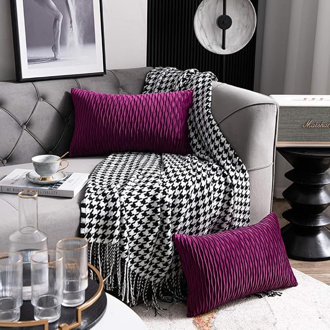 12x20 Purple Throw Pillow Cases: 2 Pack Original Striped Velvet Rectangular Decorative Pillow Covers for Farmhouse Couch