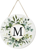 Smile Monogram Letter M Wreaths Wooden Welcome Sign, Family Last Name Initial Front Door Wall Decoration, Floral Spring Summer Porch Rustic Home Kitchen Decor