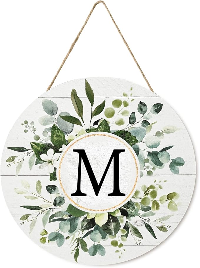 Smile Monogram Letter M Wreaths Wooden Welcome Sign, Family Last Name Initial Front Door Wall Decoration, Floral Spring Summer Porch Rustic Home Kitchen Decor