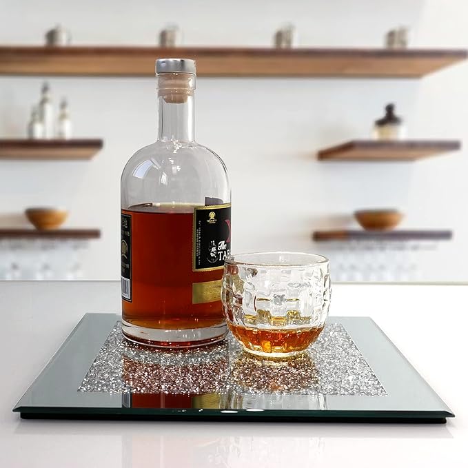 GIMORRTO Glass Mirrored Coaster 2 PC, Crushed Diamond Square Cup Mat 10" Decor on Tabletop for Bar Tools Dining Table