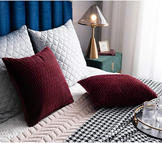 Christmas Burgundy Red Throw Pillow Covers: 2 Pack 18x18 Inch Original Striped Velvet Square Decorative Pillow Cases for Farmhouse Couch