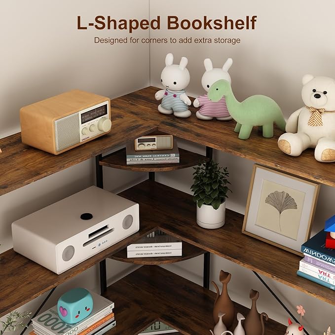 L Shaped Corner Bookshelf, 5 Tier Industrial Corner Shelf, Modenr Open Tall Bookcase with Curved Panel, Storage Display Shelf for Bedroom, Living Room & Home Office, Vintag