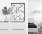 Abstract Face Pattern Wall Art Collage of Modern Faces Continuous Line Drawing 12x16 Inch Oak Wood Black Framed Artistic Aesthetic Print for Living Room