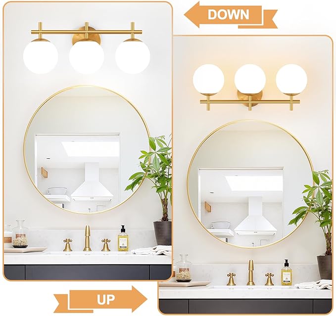 3-Light Bathroom Light Fixtures, Brushed Gold Vanity Lights for Bathroom with Milky White Glass Ball Shade, 18.9 inch Bathroom Lighting Fixtures Over Mirror, Wall Sconce for Bedroom(Bulb Not Included)