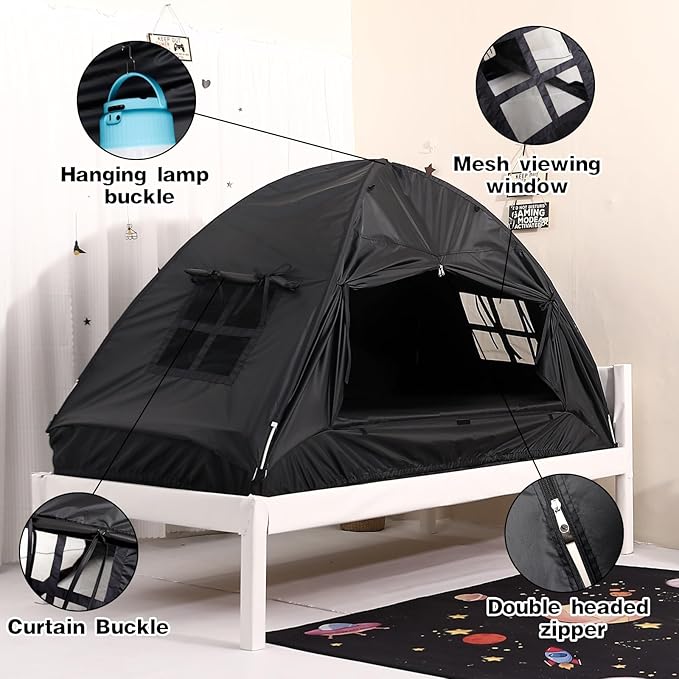 Bed Tent for Kid Twin Size Bed Canopy,Sensory Breathable Privacy Space Sleeping Drafty Room Dream Tents Indoor Play Tent Black-Out Kid Sleep Tent (Black, Twin)