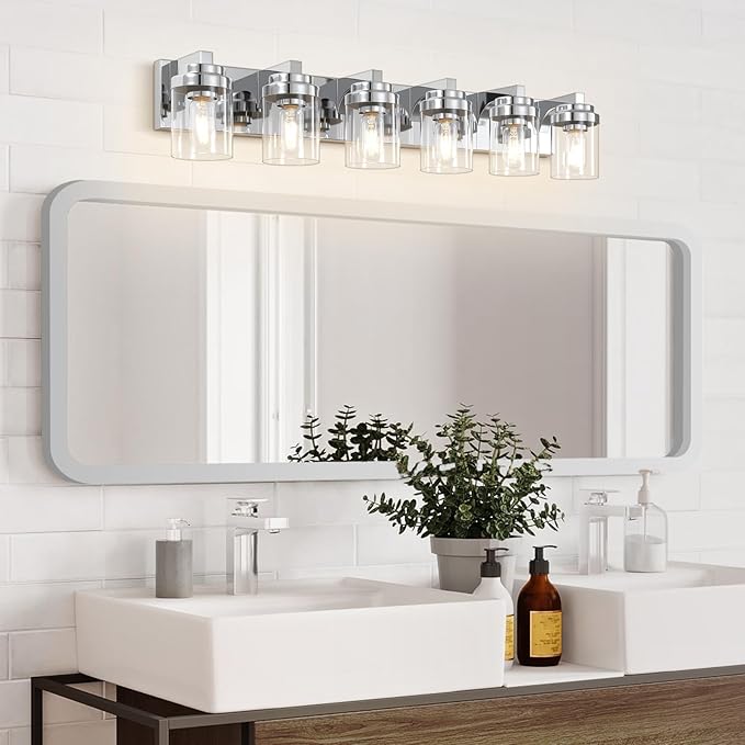 Vanity Light for Bathroom, 38" Farmhouse Bathroom Light Fixtures Over Mirror, 6 Light Vanity Lights with Clear Glass Shade, Modern Wall Lamps for Bedroom, Hallway