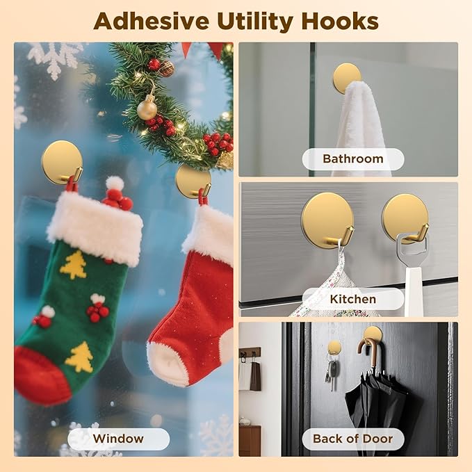 OUTXE Adhesive Wreath Hanger, Heavy Duty Reef Hook | for Front Door Glass Window | for Christmas/Thanksgiving/Halloween/July 4th/Easter/Valentine/Fall/Summer/Spring (Gold, 4-Pack)