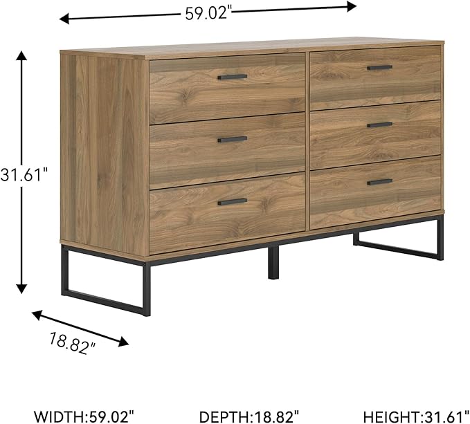 Signature Design by Ashley Deanlow Mid-Century Modern 6 Drawer Dresser with Safety Stop for Bedroom, Light Brown & Black