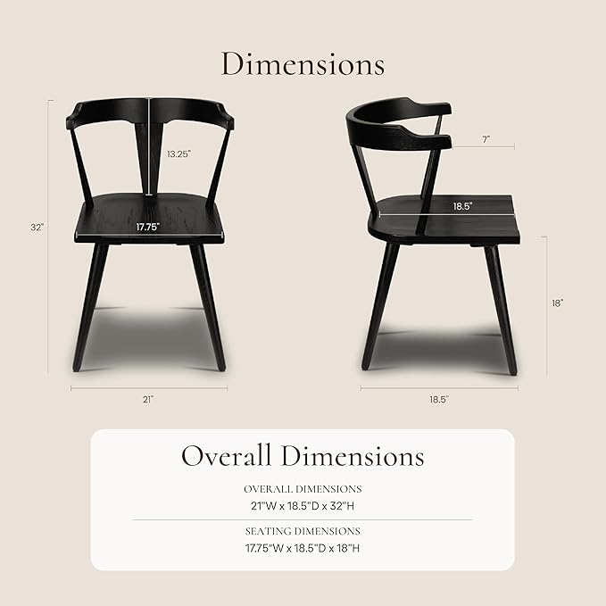Poly & BARK Mid Century Modern Enzo Black Dining Chair – Solid Oak Wood Splat Back Chair, 18" Seat Height, 32" Tall – Stylish MCM Kitchen & Dining Room Chair - Set of 3