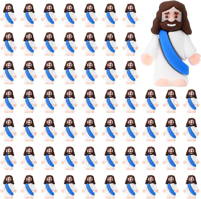 Bememo 100 Pcs Jesus Toys Original Design Mini Rubber Little Jesus Figurine to Hide and Seek Religious Party Favors Sunday School Craft Baptism Gifts for Easter Egg Stuffers(Blue)