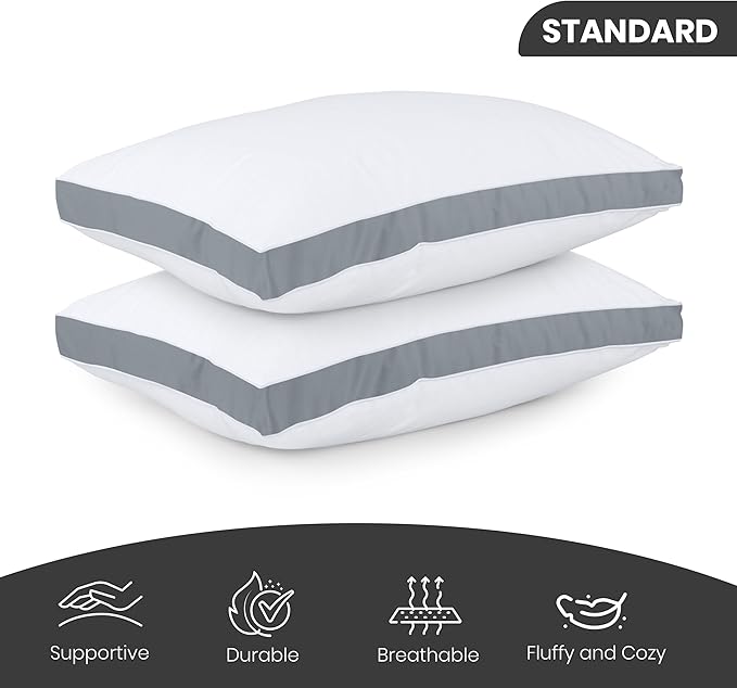Utopia Bedding Bed Pillows for Sleeping Standard Size (Grey), Set of 2, Soft & Fluffy Pillow with Down Alternative Filling, Cooling, Hotel Quality, Gusseted Pillow for Back, Stomach or Side Sleepers