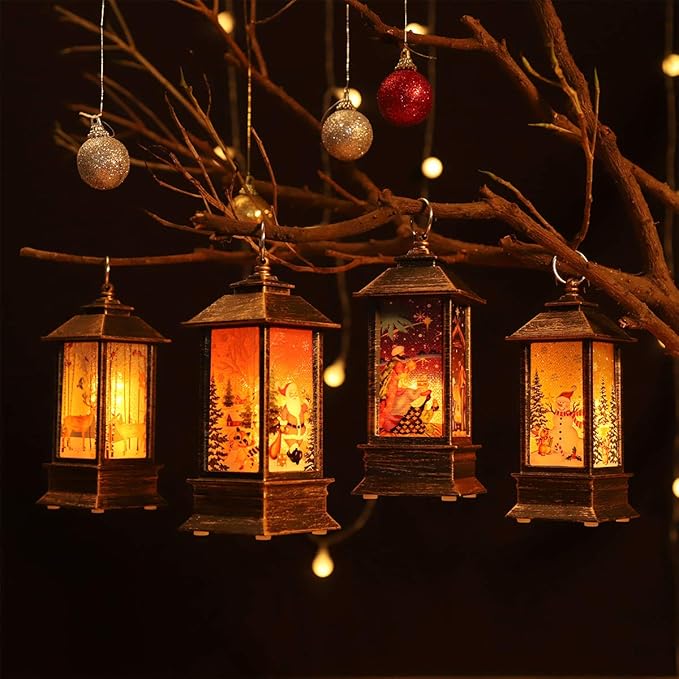 Christmas Lantern Decorations Christmas Lighting Decorations Christmas Tree Decoration Home Decor Small Candle Lanterns, Holiday Decoration Gifts for Family, Children, or Friends（4-Pack）