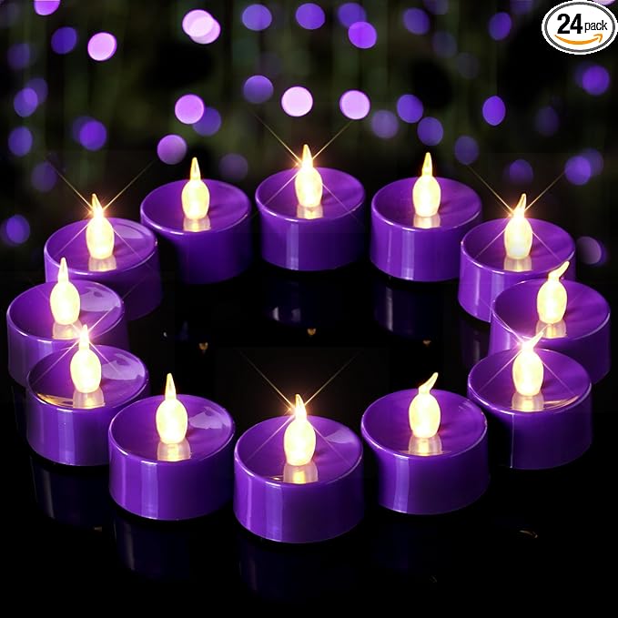 Purple LED Candles, 24 Pack Tea Lights Candles Battery Operated, Flameless Tealight Candle, Realistic Tea Lights for Halloween Christmas Party Decor Mardi Gras