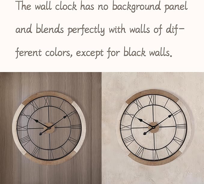 Wall Clock for Living Room Decor, 24'' Big Wall Clocks for Office, Rustic Clock Battery Operated, Distressed White Roman Numeral Clock, Round, Wood Wall Clock