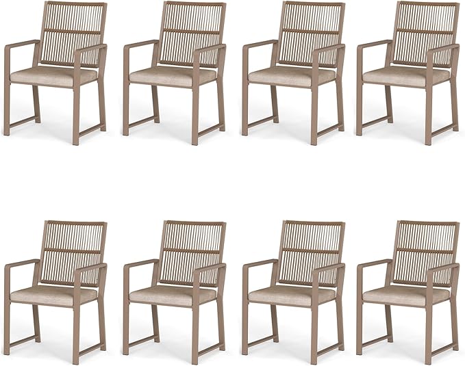 Aluminum Outdoor Patio Dining Chairs - Imitation Rope Vine Chair Ergonomic Backrest Design Detachable Seat Cushion Soft and Breathable Garden Porch Light Brown Set of 8