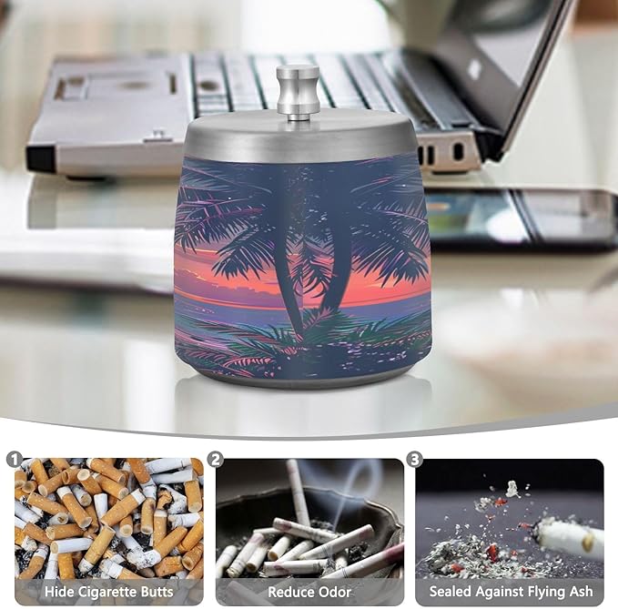 Hawaii Sunset Beach View Ashtray with Lid, Outdoor Ashtrays for Patio, Stainless Steel Ashtray Odorless Smokeless for Home Office Balcony