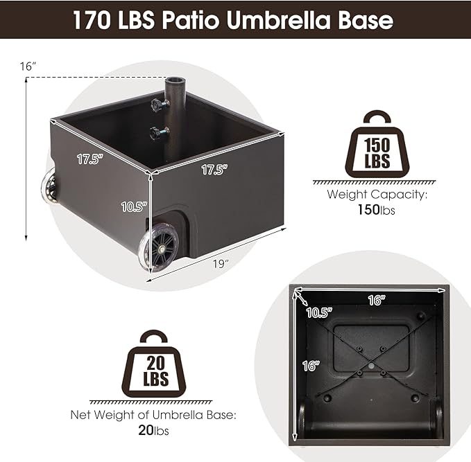 Giantex 170lbs Filled Umbrella Base with Wheels, Heavy Duty Umbrella Stand with Fillable Planter, Drainage Holes, Outdoor Market Umbrella Holder for Patio Garden Deck Pool (Dark Brown)