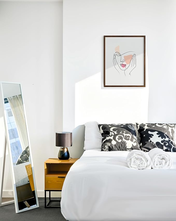 Aesthetic Face Wall Art Hands on Cheeks Continuous Line Drawing Abstract Pink Shapes 16x20 Inch Oak Wood Walnut Framed Modern Portrait for Bedroom Vanity