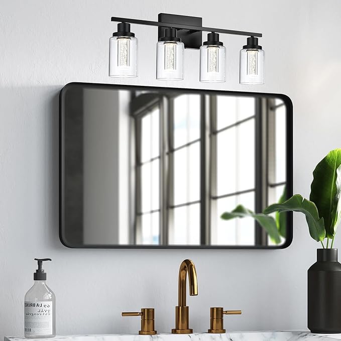 MELUCEE 4-Light LED Bathroom Lighting Fixtures Over Mirror, Dimmable LED Vanity Light for Bathroom 3000K-6000K Black Bath Wall Lights with Crystal Bubble Clear Glass Shade, Built-in LED Chips