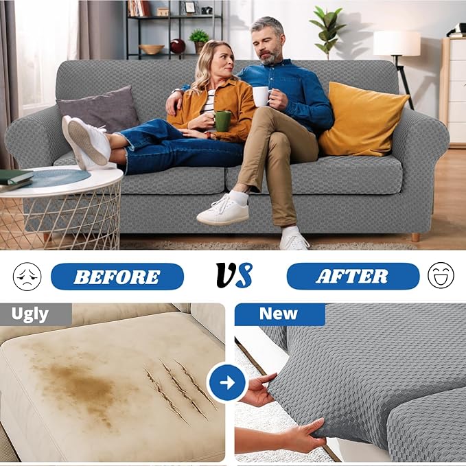 YEMYHOM Latest Checkered 3 Pieces Couch Covers for 2 Cushion Couch High Stretch Sofa Cover with 2 Extra Large Seat Cushion Covers Anti Slip Elastic Slipcovers (Light Gray), 71"-91"(2 Cushions)