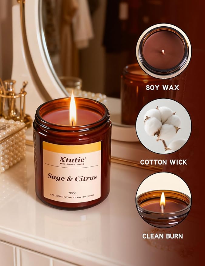 Soy Candle Gifts for Women & Men - 7oz Brown Scented Candle, 50-Hour Burn Time, Aromatherapy Jar for Home Decor, Relaxing Ambiance in Bedroom & Office(Sage Citrus)