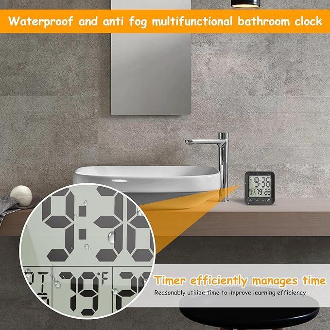 Houkiper Shower Clock Waterproof Bathroom Timer, Digital Shower Timer with Countdown, Suction Cup Clock, LCD Display, Temperature Gauge Wall Clock Touch Screen Waterproof Clock for Bathroom, Black