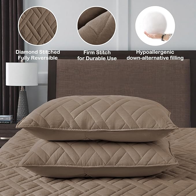 HORIMOTE HOME Quilt Set Queen Size Pine Bark, Classic Geometric Diamond Stitched Pattern, Ultra Soft Microfiber Lightweight Bedding Bedspread Coverlet for All Season with 1 Quilt 2 Pillow Shams