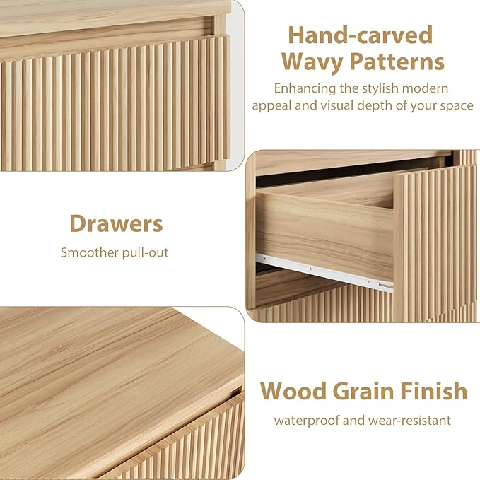 Oak 6 Drawer Dresser for Bedroom, Modern Fluted Dresser, Bedroom Dressers with Drawers, Large Double Wooden Chest of Drawers for Living Room, Hallway