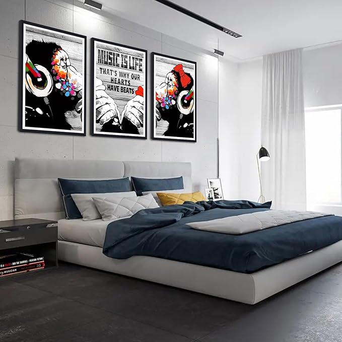 Novatique Street Graffiti Wall Art Banksy Art Wall Decor Monkey Poster With Headphones Prints Street Art Painting for Living Room Bedroom,24" x 36" x 3pcs