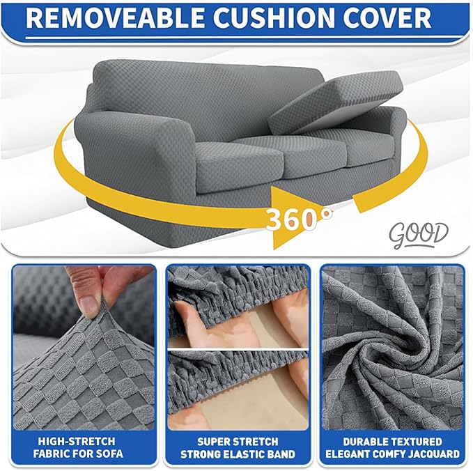 YEMYHOM Latest Checkered 4 Pieces Couch Covers for 3 Cushion Couch High Stretch Thickened Sofa Cover for Dogs Pets Elastic Slipcovers Living Room Furniture Protector (Light Gray), 71"-91"(3 Cushions)