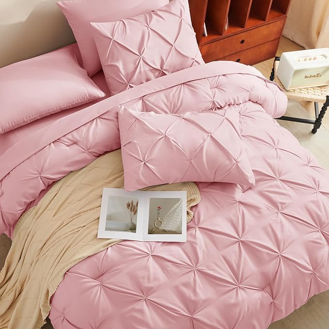 CozyLux King Size Comforter Set Pink, 7 Pieces Pintuck Bed in A Bag Pink Comforter King Size, Pinch Pleat Bedding Set with All Season Comforter, Sheets, Pillowcases & Shams