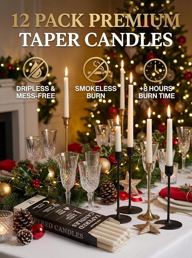 Premium White Taper Candles Stick | Bulk12 Pack | 9'' Inches | Dripless, Unscented, Smokeless Dinner Candlesticks | 7+ Hour Long Burning for Elegant Weddings, Parties & Home Decor