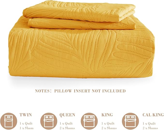 Exclusivo Mezcla Twin Quilt Bedding Set, Lightweight Yellow Quilts Twin Size for All Seasons, Soft Microfiber Bedspreads Coverlets Bed Cover with Leaf Pattern, 2 Piece