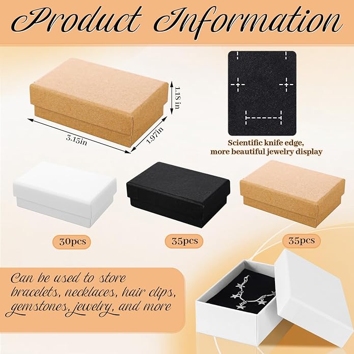 Tenceur 100 Pcs Valentines Jewelry Gift Boxes Bulk Kraft Jewelry Cardboard Box for Necklace Earring Bracelet Storage Package(Brown, White, Black,3.2x2x1.2in)