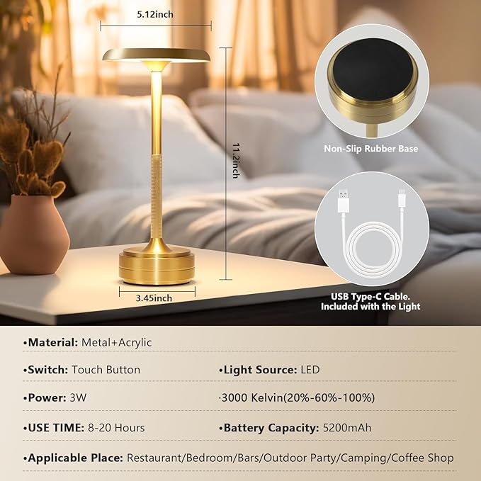 Portable Dimming Wireless Battery Operated Lamp, Rechargeable Cordless LED Table Lamps ，3-Levels Touch Sensor Light ，Nightstand Lamp/Bar/Restaurant Table/Outdoor/Coffee/Night Light (Gold)