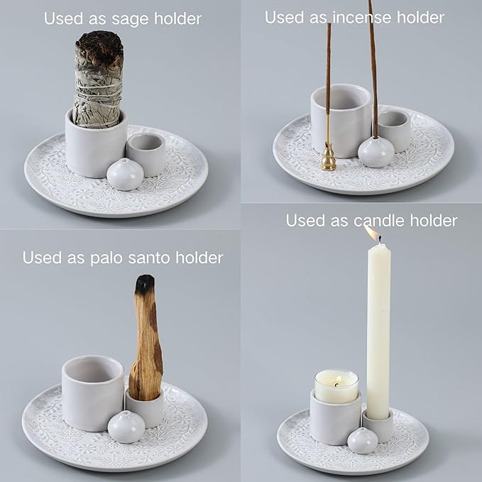 5 in 1 Incense Holder Burner, 5.9" Ceramic Holder for Burning Palo Santo Sage Candle and Incense Sticks Cones, Ash Catcher Tray for Meditation Room Home Décor(White)