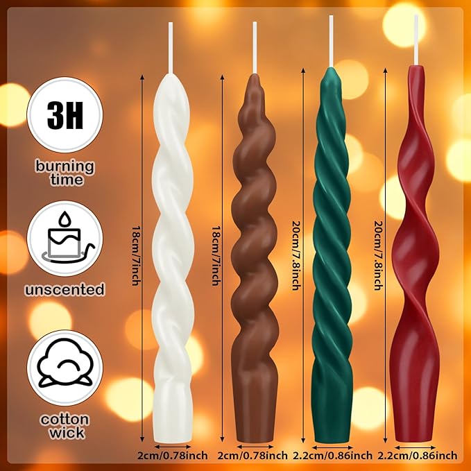 Nuanchu 4 Pcs 7.87 Inch Twisted Taper Candles Wax Unscented Smokeless Spiral Swirl Candlesticks for Wedding Holiday Dinner Party Home Decorations (Christmas Color)