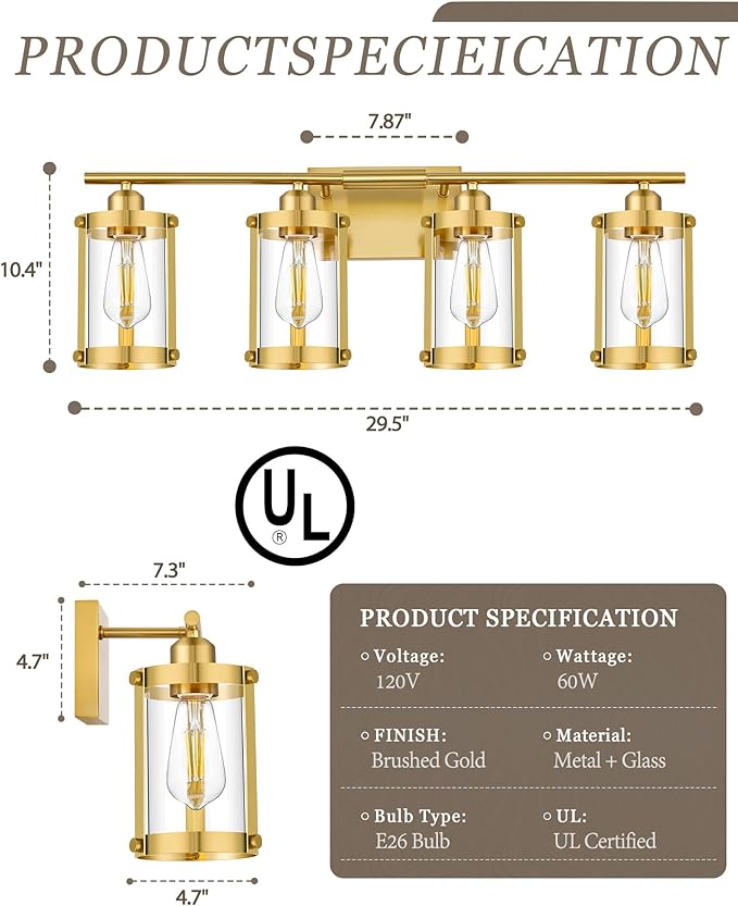 4-Light Brushed Gold Bathroom Light Fixtures, 29 Inch Modern Bathroom Vanity Lighting Fixtures Over Mirror with Clear Glass and Metal Cage Wall Sconce Lights for Bath, E26, OS-3014BG-4W